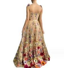 3D Flower Embroidery Square Neck Pocket Long Dress