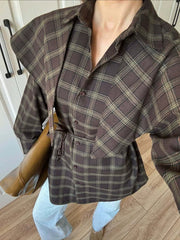 Plaid lapel collar belted shirt