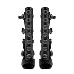 Gladiator stiletto heel sandals, black leather, front view with floral embellishments