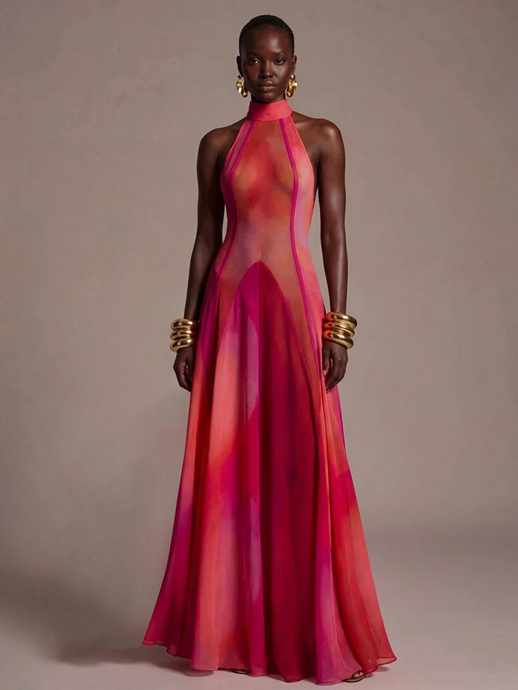 Halter neck abstract print maxi dress in pink tones