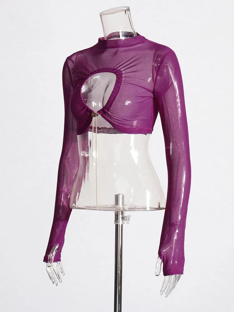 Purple sheer long-sleeve top on a mannequin against a white background