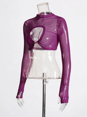 Purple sheer long-sleeve top on a mannequin against a white background