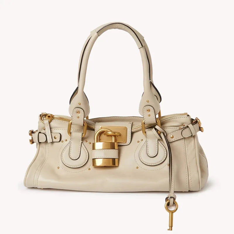 cream white structured satchel bag with lock detail,