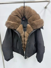 Black real fur hooded jacket