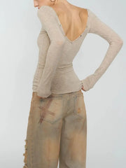 Botton Detail Boat Neck Long Sleeve Top