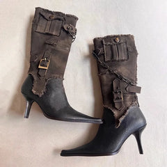 Assembled pointed toe boots with chain detail
