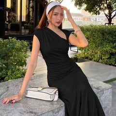 Asymmetrical Neckline Short Sleeve Ruched Maxi Dress