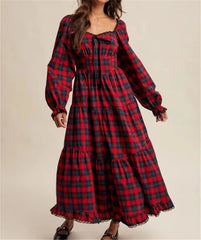 Red plaid square neck maxi dress with long puff sleeves