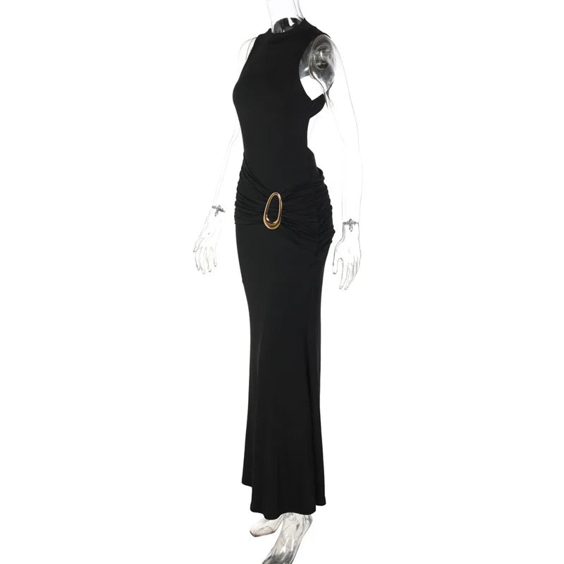 Black halter neck dress with a gold belt on a mannequin against a white background