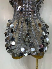 Silver Rhinestone Sequin Mesh Strapless Mini Dress