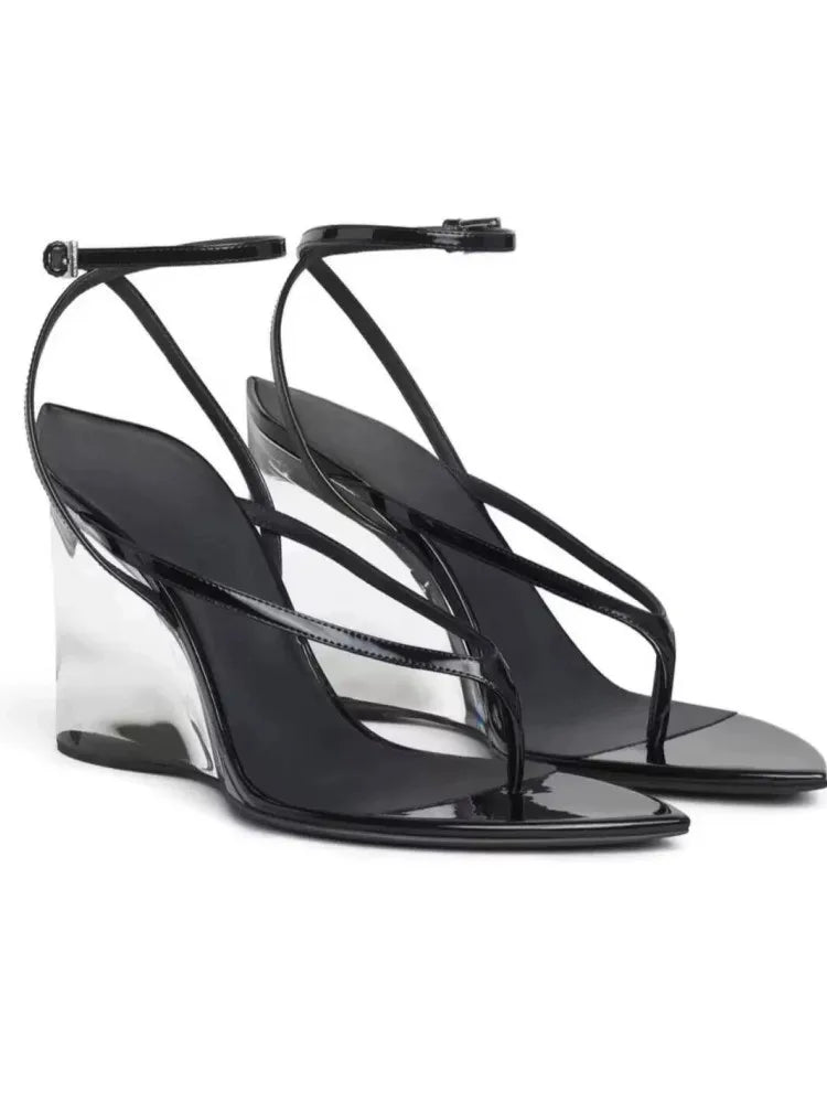 Black transparent wedge flip flop sandals with ankle strap