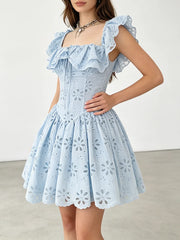 Off-the-Shoulder Ruffled Eyelet Mini Dress