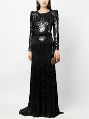 Gold & Black Sequin Gown | Elegant Long Sleeve Evening Dress
