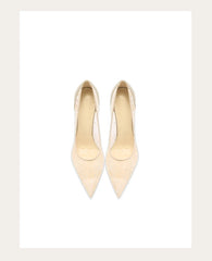 Pair of beige high-heeled shoes on a white background