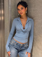 Blue ruched collar long sleeve cropped top