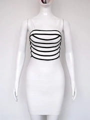 Mannequin wearing a black and white striped dress