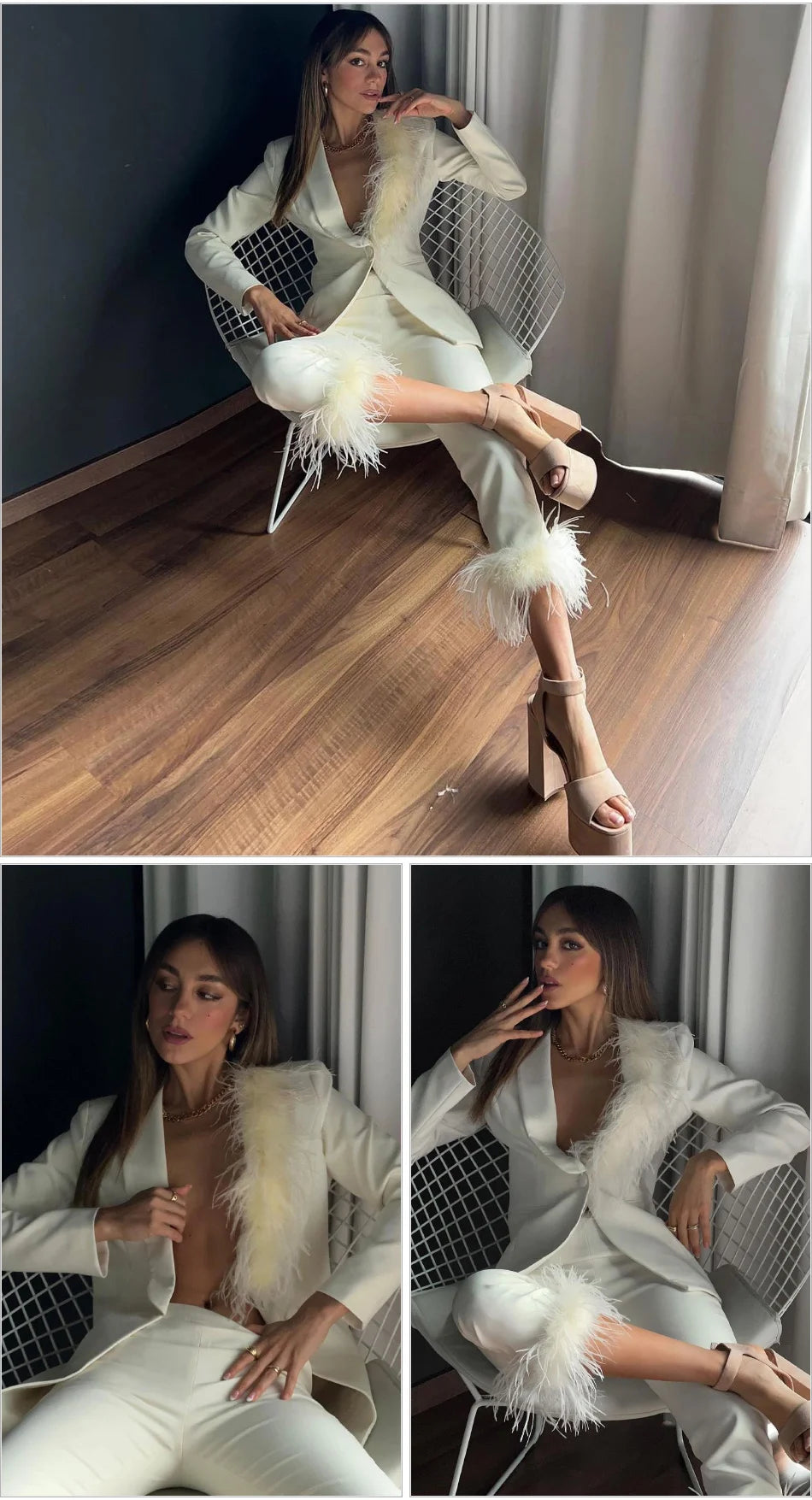 Woman in a white outfit with feathered details sitting on a chair in a room.