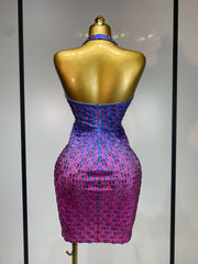 Back view of halter neck bodycon mini dress with crystal embellishments