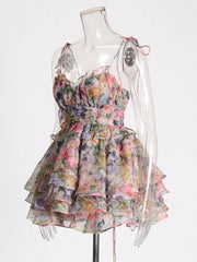 Printed Mini Dress - Square Neck Sleeveless A-Line