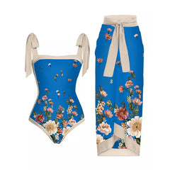 Floral Print Tie-Strap Bikini and Sarong Set