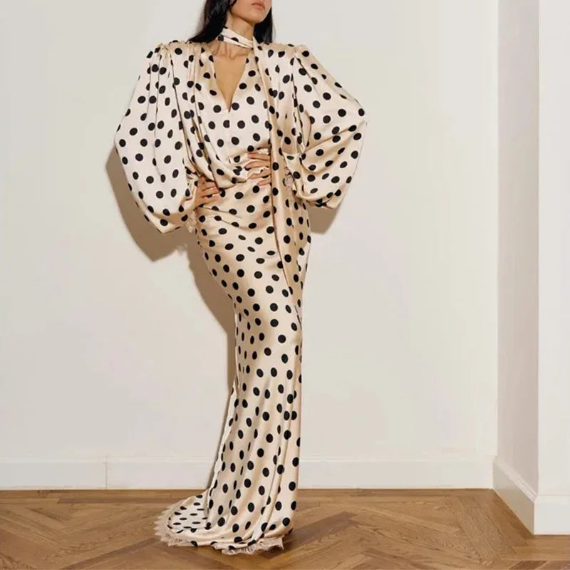 Polka dot satin puff sleeve blouse and maxi skirt set