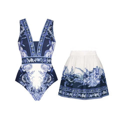 Ruffled Floral Print One-Piece Swimsuit and Maxi Skirt Set