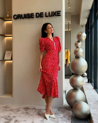 Half-Sleeve Polka Dot Midi Dress