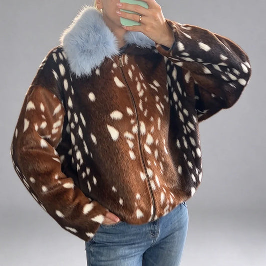 Faux fur deer print collar jacket worn by a model