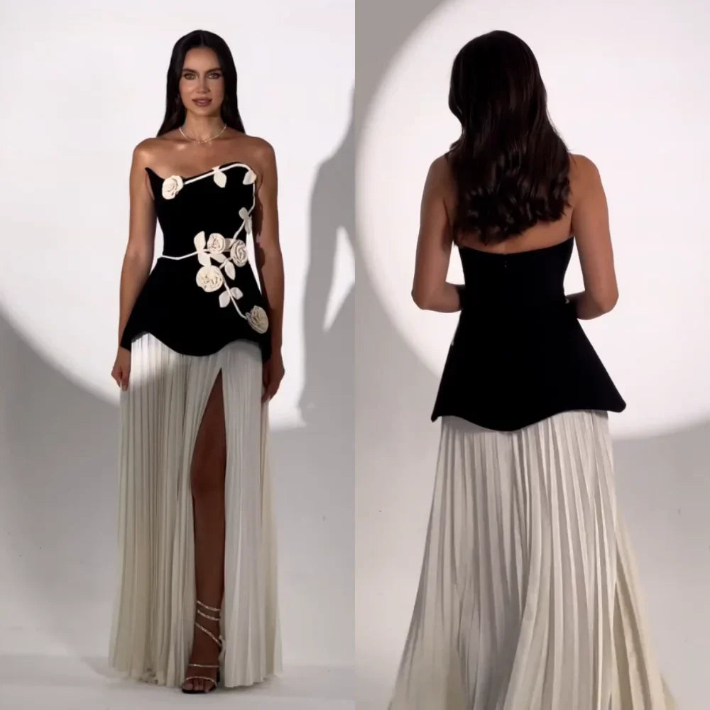 close view of sculpted strapless bodice with textured floral details