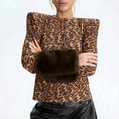 Leopard Print Fur Trim Long Sleeve Top