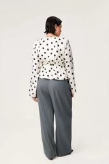 White Polka Dot Long Sleeve Button Satin Top