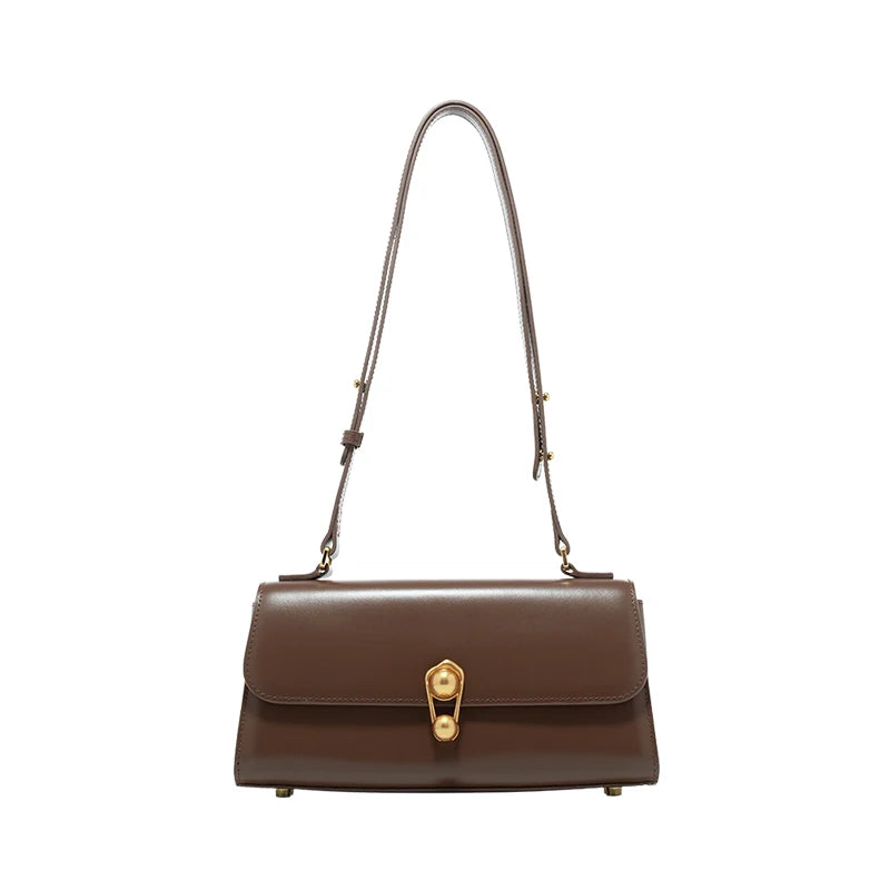 Front view of a brown leather shoulder bag