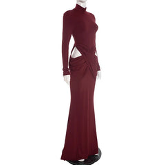 Red Turtleneck Long Sleeve Ruched Twisted Long Dress