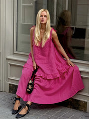 Pink Spaghetti Strap Ruffled Flowy Maxi Dress