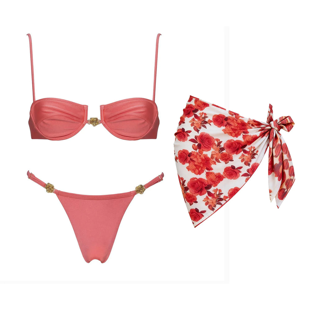 Solid coral bikini and printed scarf