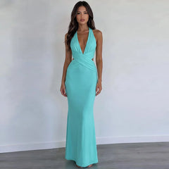 Blue Halter Neck Cutout Maxi Dress