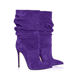 Pair of purple faux suede pleated stiletto heel knee high dress boots