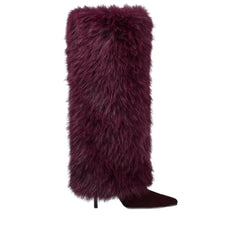 Fur Knee High Stiletto Pointed Toe Boots