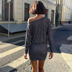 Striped Off Shoulder Tie Waist Mini Dress