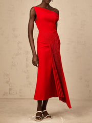 Diagonal Neck Midi Dress | Off-Shoulder Folded Elegance