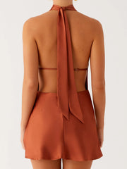 Brown dress with a tie detail on a white background