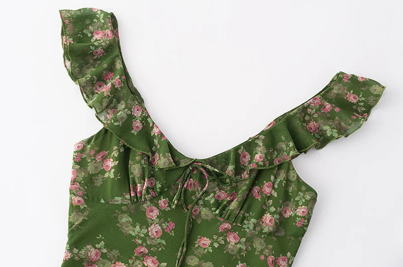 Close-up of ruffle V-neckline on floral midi dress