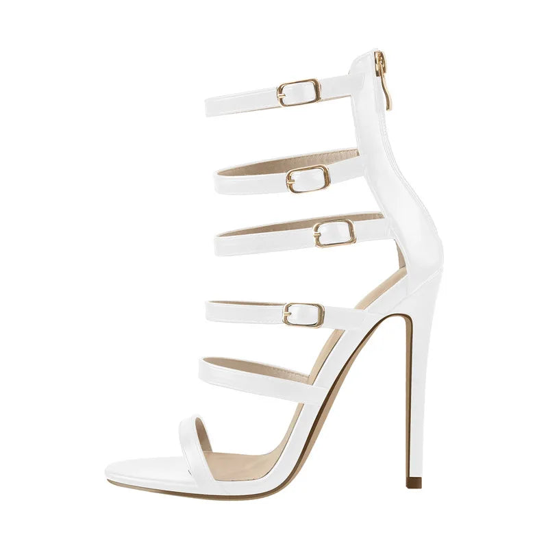 White thin high heel ankle strap sandals
