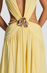 Yellow dress with gold embellishments on a plain background