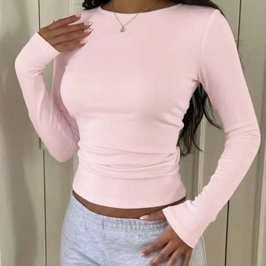 Ribbed crew neck long sleeve top in light pink