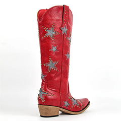Red cowboy boot with star patterns on a white background