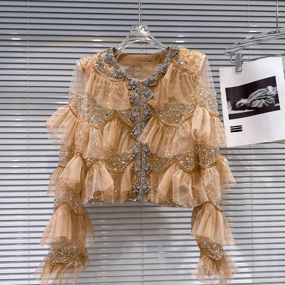 Ruffled Beaded Mesh top with detailed neckline