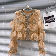 Ruffled Beaded Mesh top with detailed neckline