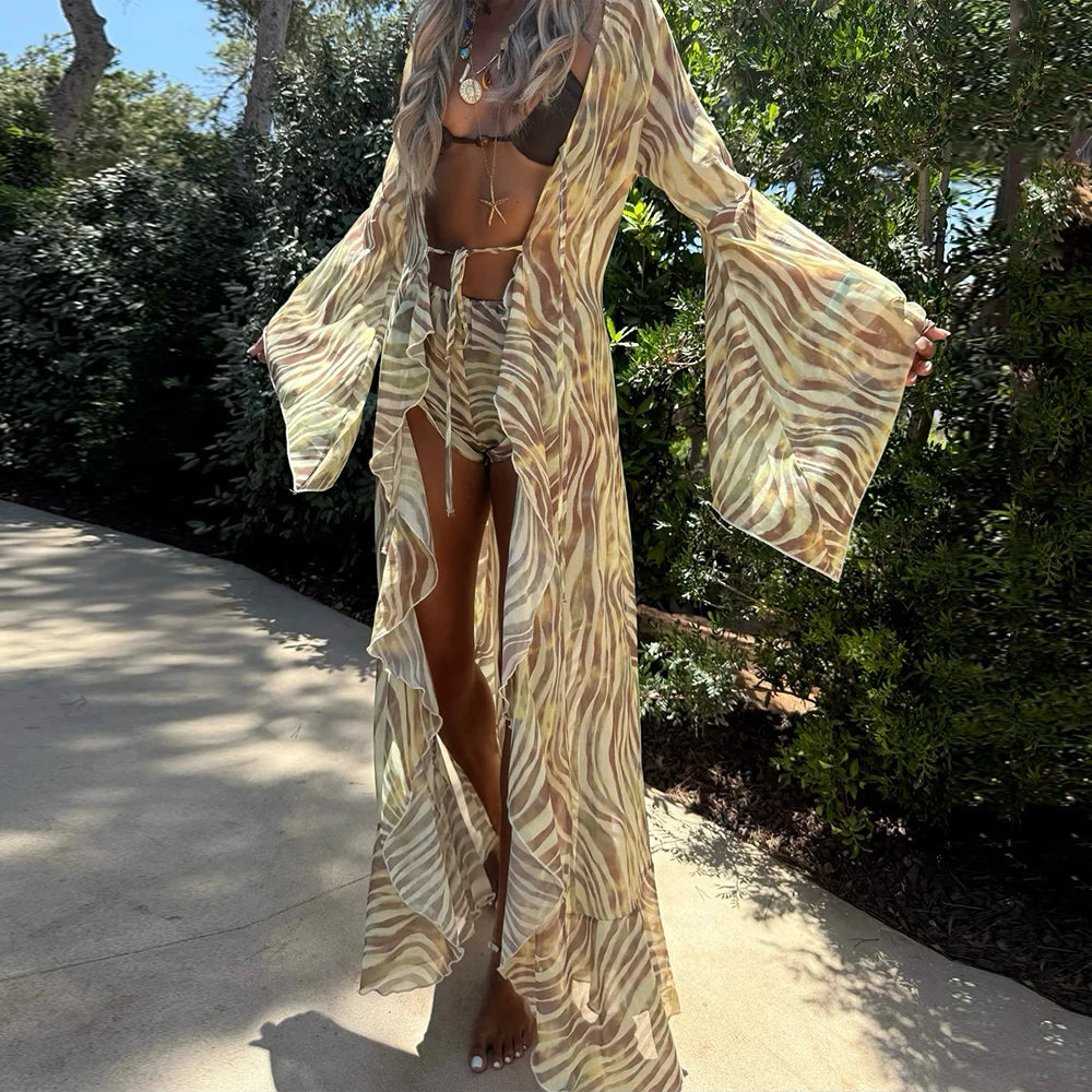 Full view of zebra print long kimono beach cover-up