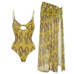 Tie-dye one-piece swimsuit and matching maxi skirt beach cover-up.